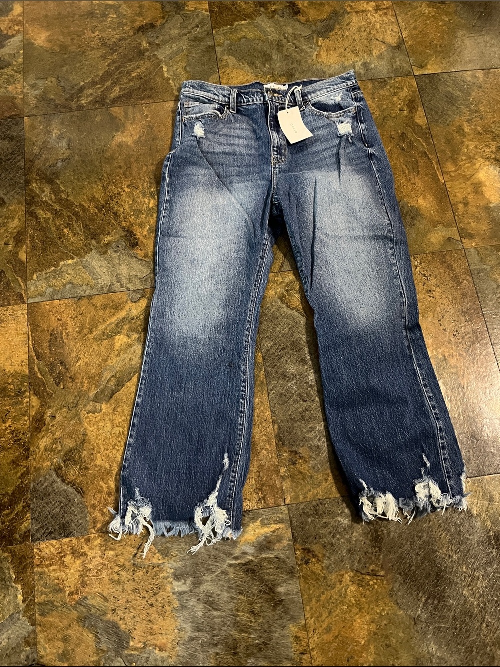 Cello Women's Washed Dark Blue Straight-Leg Jeans with Distressed Hem